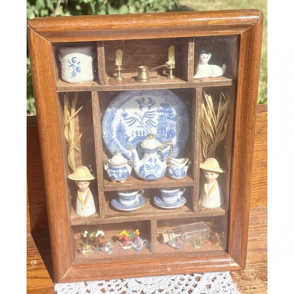 Vintage Blue Willow Miniature Tea Set Shadow Box Wall Display Case Cottagecore